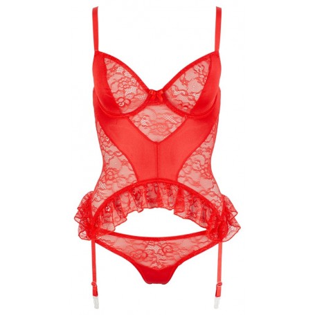 Sexy rotes Dessous-Set für Damen: Gupiere mit Strümpfen und heißem String-Slip