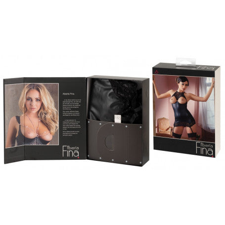 Sexy Mini-Lederkleid mit halterlosen Strümpfen