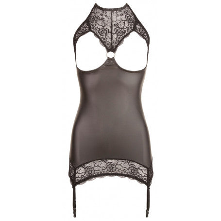 Sexy Mini-Lederkleid mit halterlosen Strümpfen