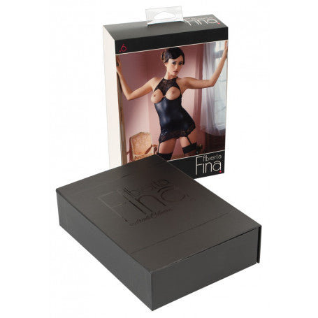 Sexy Mini-Lederkleid mit halterlosen Strümpfen