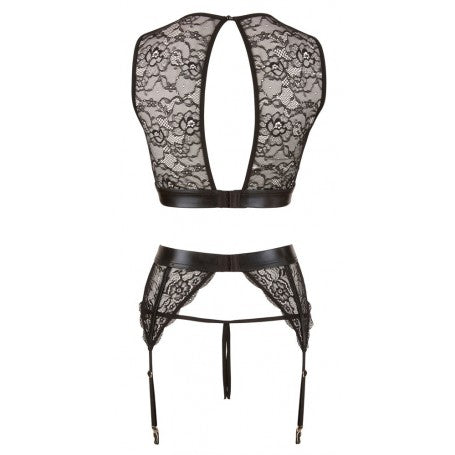 Damen-Fetisch-Spitzenunterwäsche-Set mit Handschellen, Strumpfhalter, offenem String und schwarzem Top
