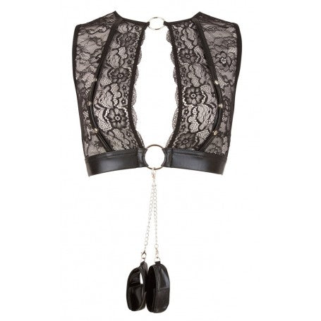 Damen-Fetisch-Spitzenunterwäsche-Set mit Handschellen, Strumpfhalter, offenem String und schwarzem Top